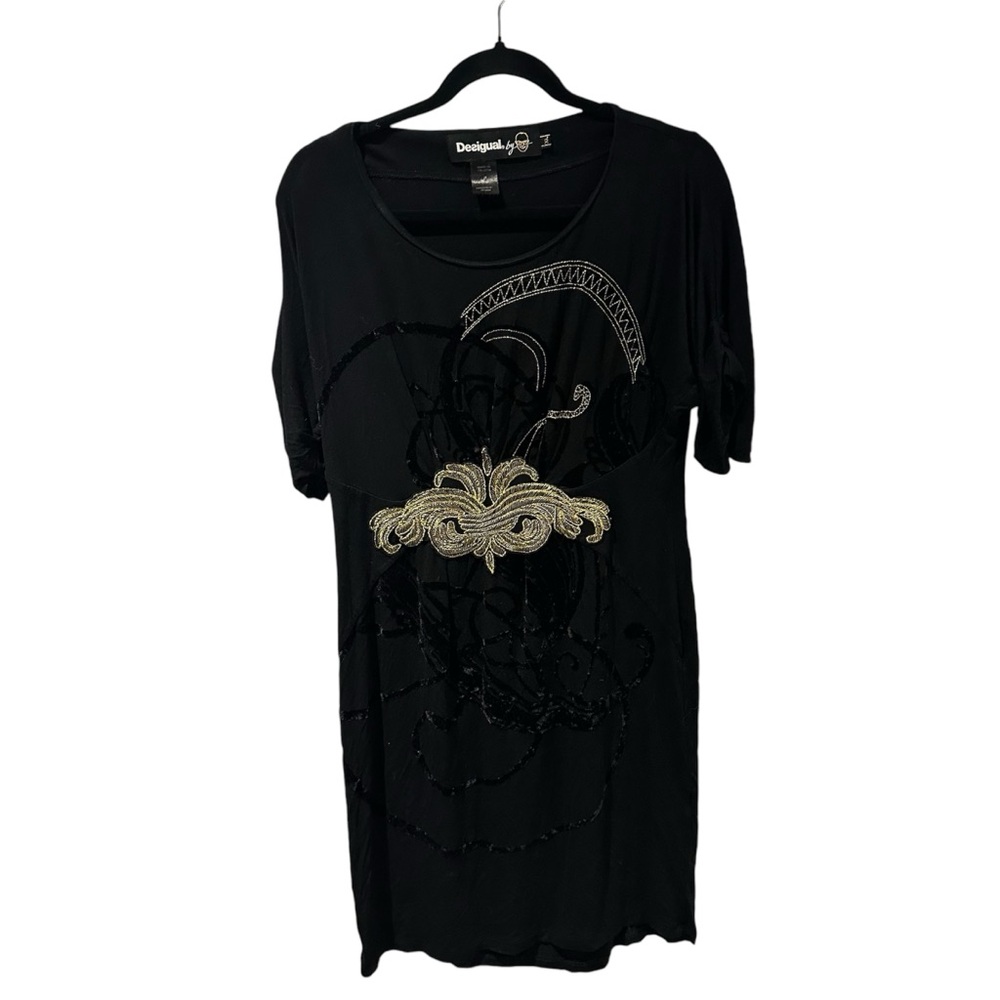 Desigual Black & Gold Dress Size XL Style 27V2L16 Black Smocking